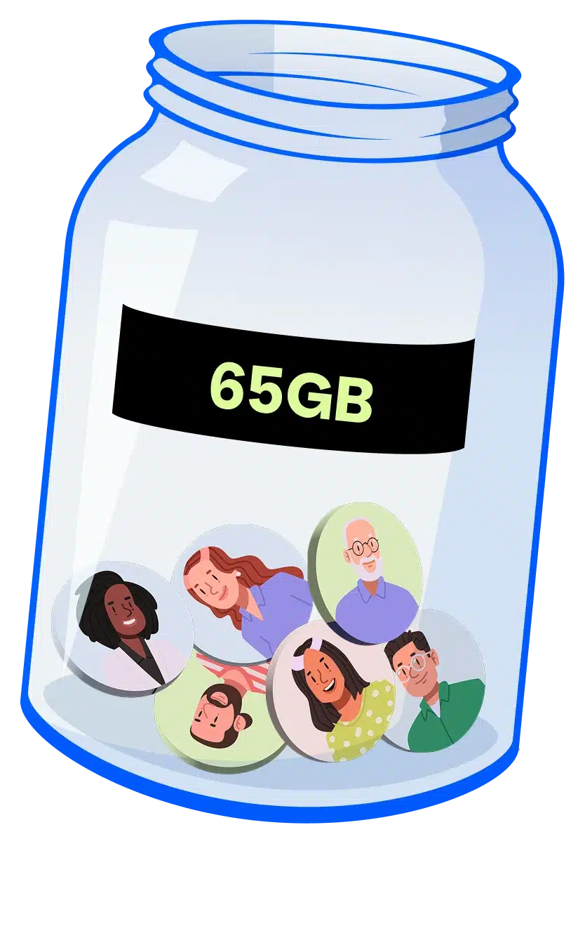 Illustration of a glass jar labelled 75GB with seven team member portraits showing a data allowance that has grown after quarterly review