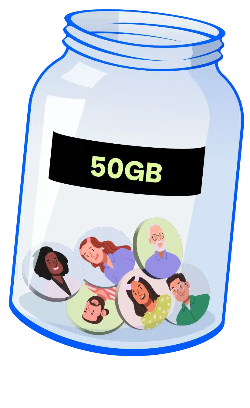 Illustration of a glass jar labelled 65GB containing circular portraits of six team members representing a shared data allowance