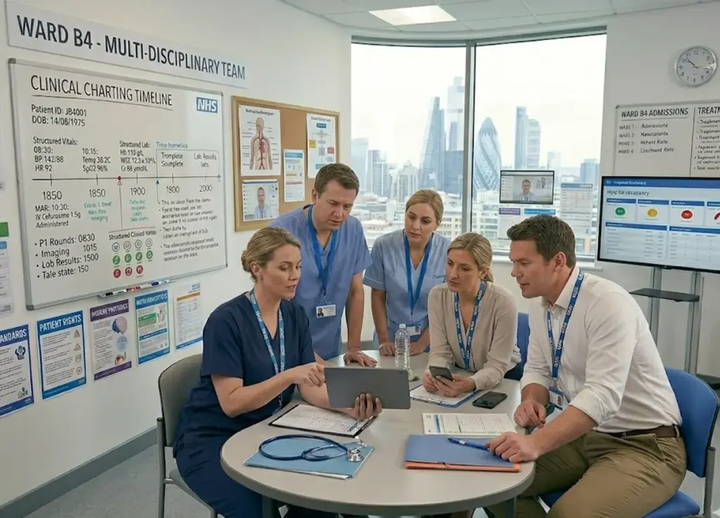 Multi-disciplinary team of carers and nurses collaborating on a tablet and clinical chart in a modern London hospital ward meeting
