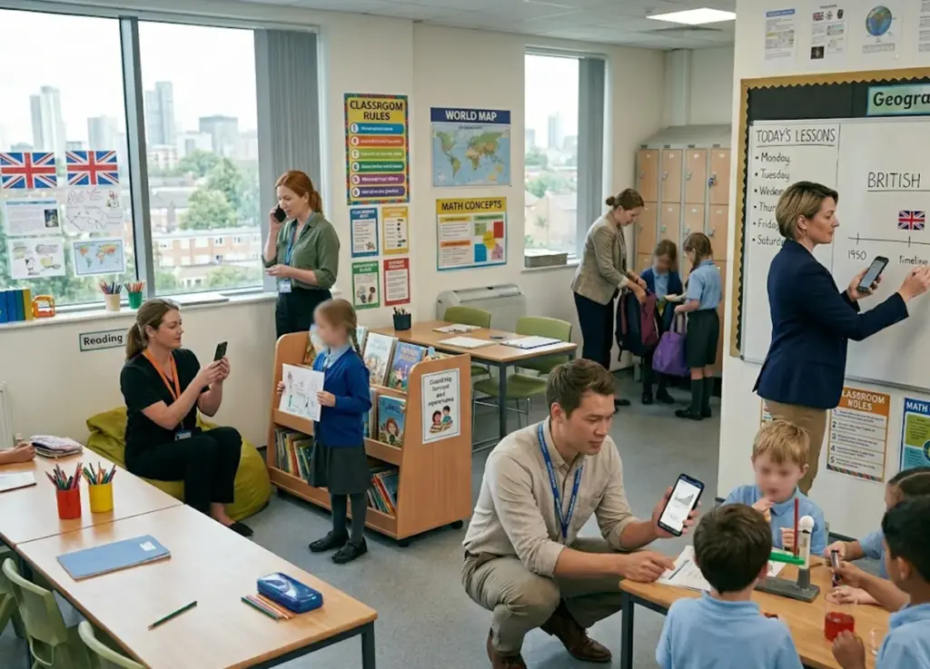 A vibrant British primary school classroom scene shows teachers and students using smartphones for various educational and administrative activities, including taking photos of student work, checking lesson plans, making calls, and looking up resources.