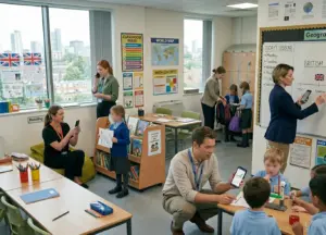 A vibrant British primary school classroom scene shows teachers and students using smartphones for various educational and administrative activities, including taking photos of student work, checking lesson plans, making calls, and looking up resources.