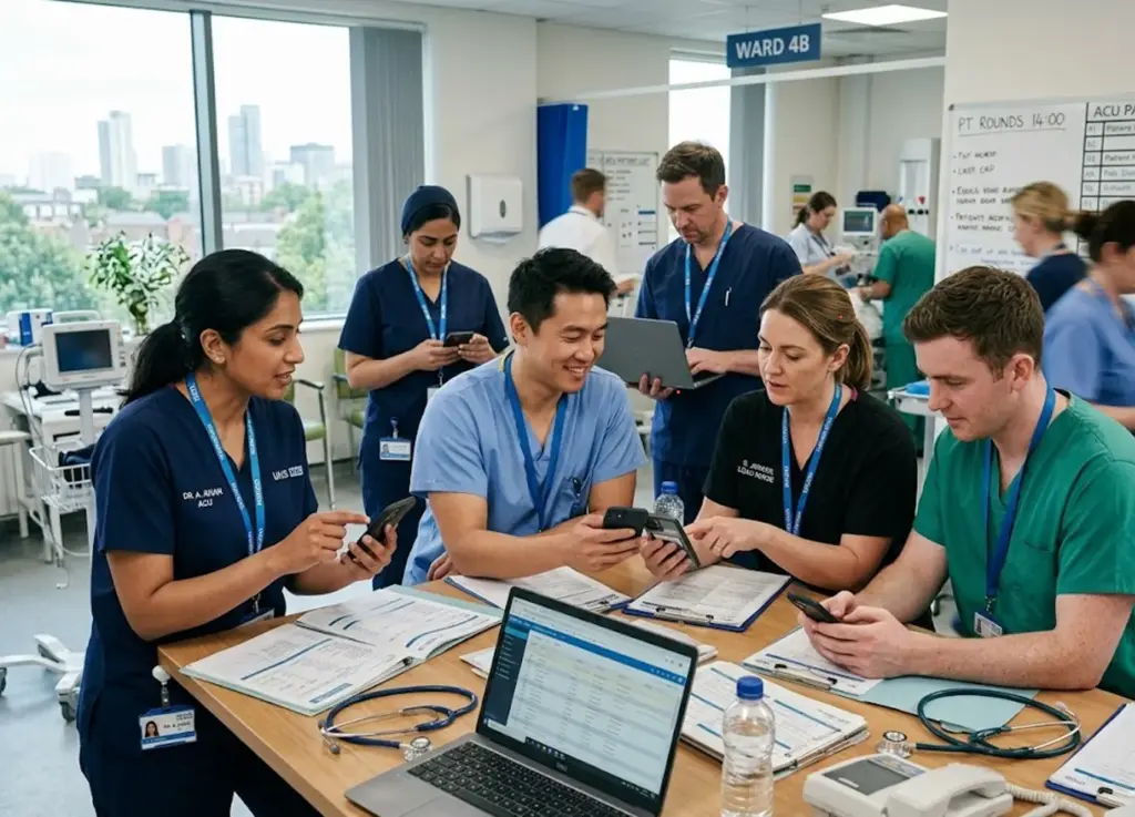 Group of medical professionals relaxing using their smartphones during break at the GP practice