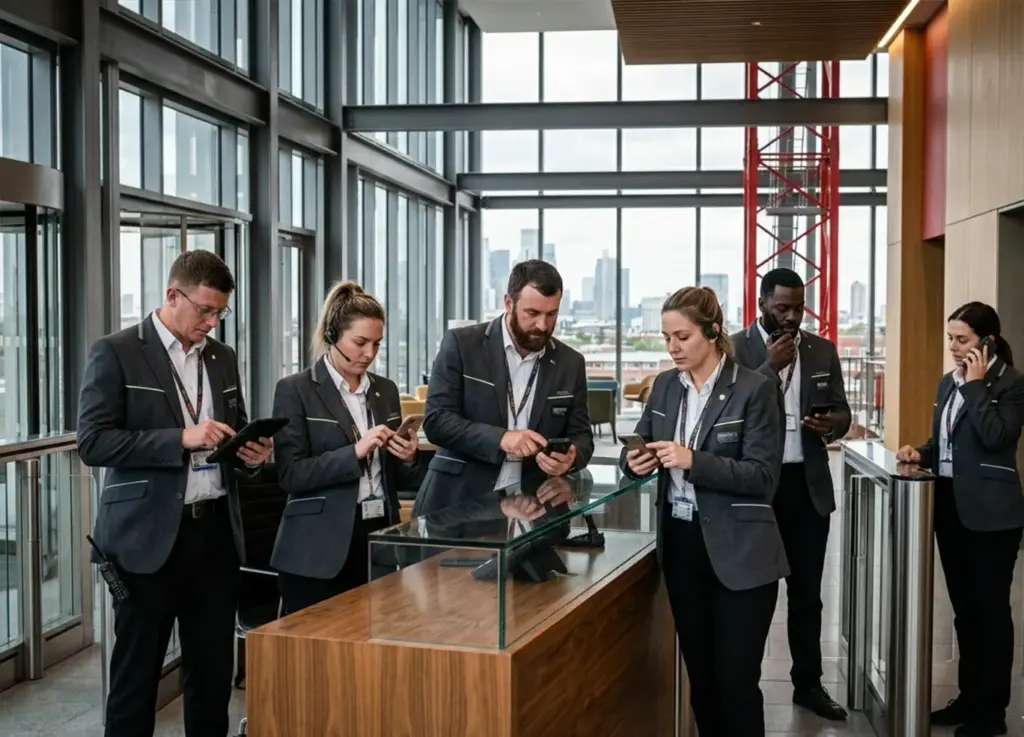 Group of security contractors and concierge checking mobile phones on organisation premises