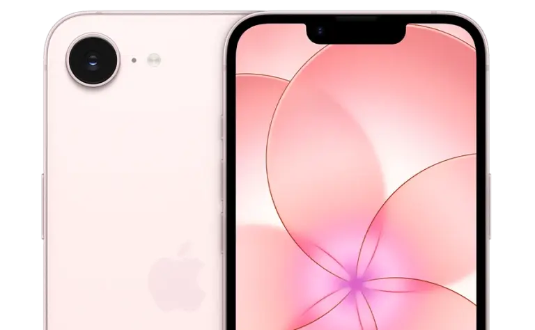 iPhone 17e in soft pink front and back close up