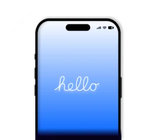 A new smartphone displaying "hello" on screen, surrounded by sparkle graphics against a dark background.
