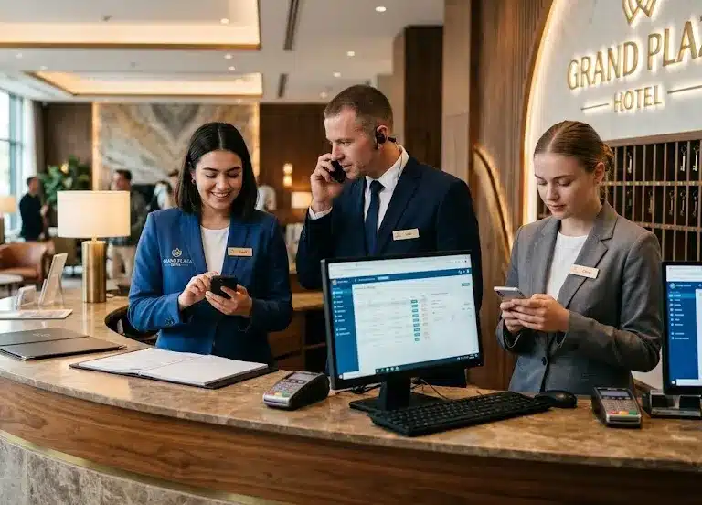 Hotel reception staff using smartphones and headsets behind a front desk in a luxury lobby.