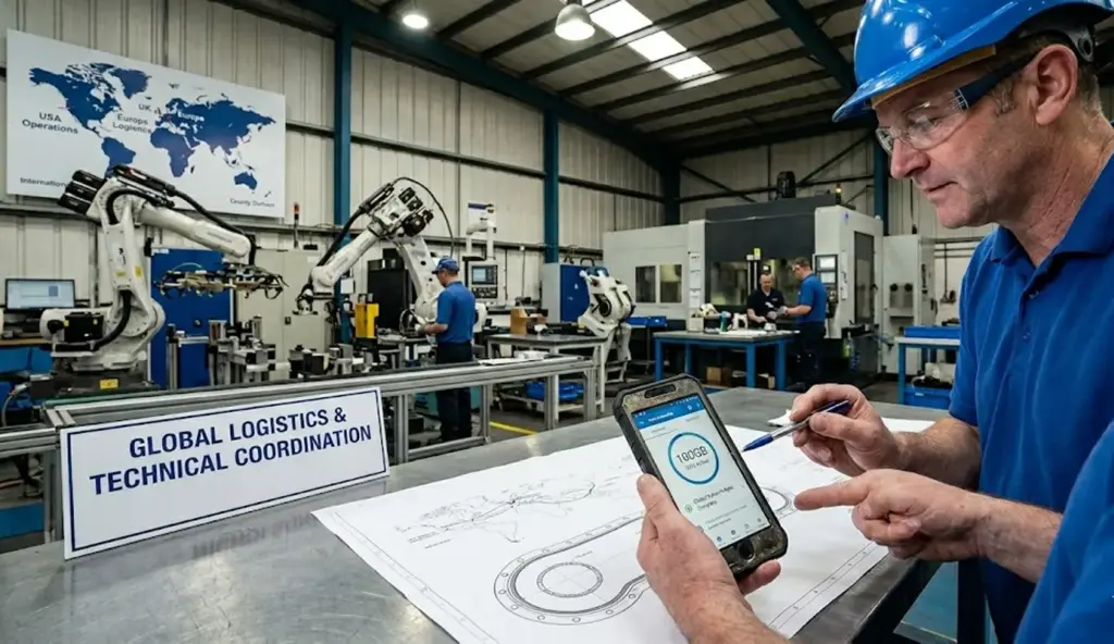 Engineering supervisors in a high-tech manufacturing facility using a mobile smartphone to manage global logistics and technical coordination