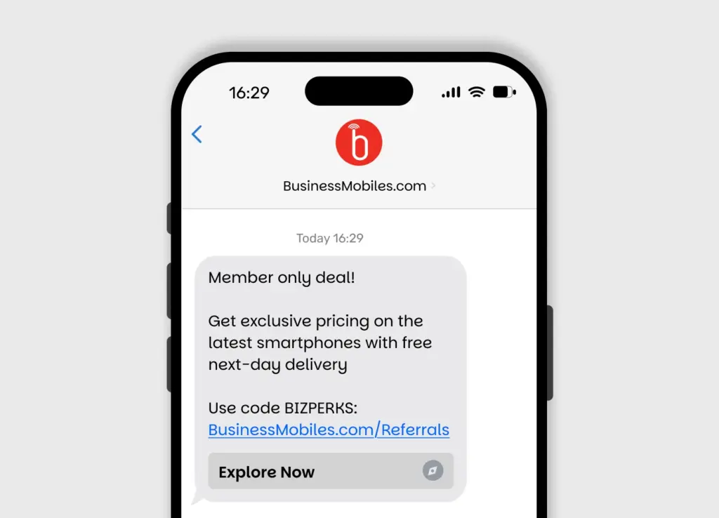 Graphic of phone displaying example discount message from BusinessMobiles.com