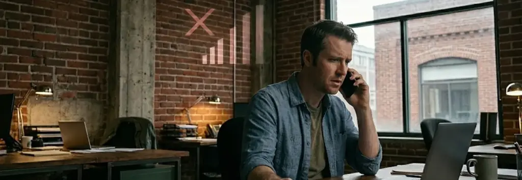 Man struggling with no signal in a brick-walled office, demonstrating how 99 percent mobile coverage meaning often excludes indoor signal penetration.