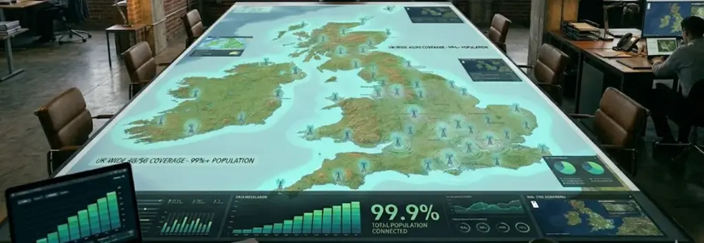 A digital map of the United Kingdom displayed on a high-tech table in a modern office, illustrating 99 percent mobile coverage meaning through a visualization of nationwide network reach.