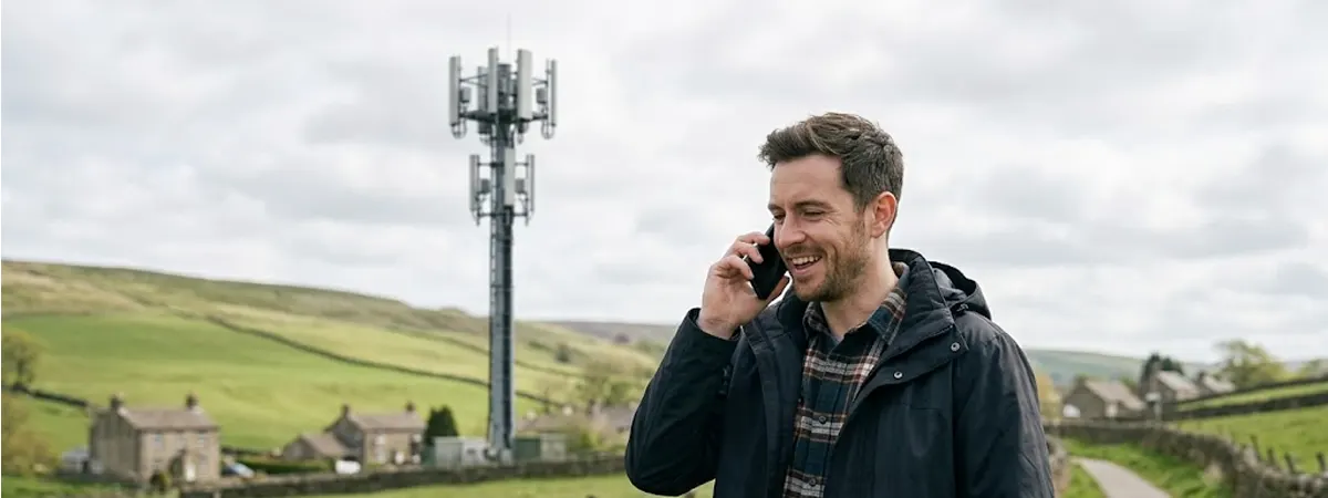 A smiling man making a call on his smartphone in a rural countryside setting with a cell tower in the background, illustrating the 99 percent 4G mobile coverage meaning in outdoor areas.