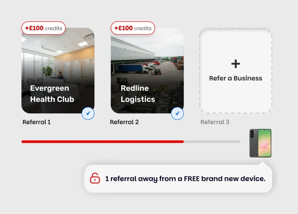 Illustration showing a referral process where inviting three people unlocks access to a new device.