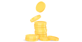 A stack of gold coins with coins falling from above.