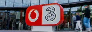 Shot of VodafoneThree logo outside of their London headquarters