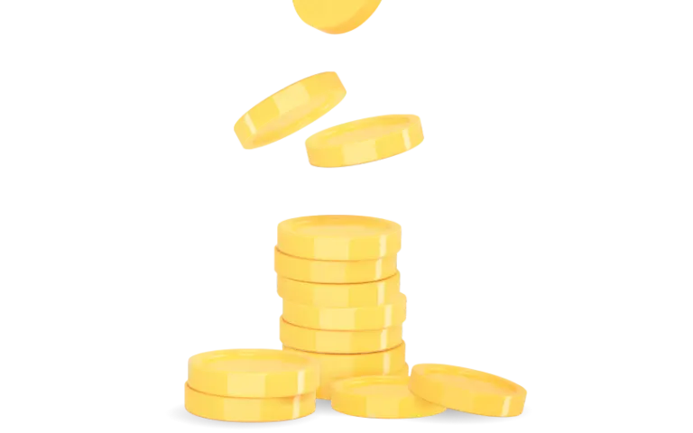 A stack of gold coins with coins falling from above.