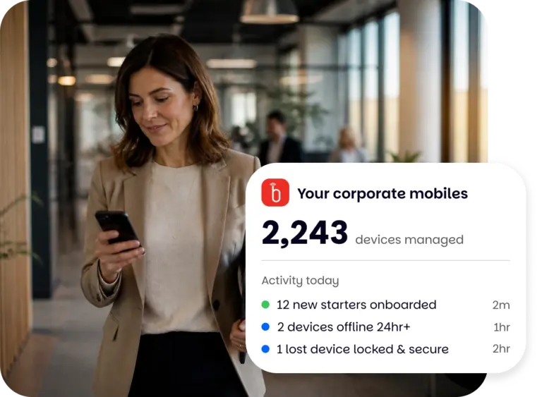Corporate professional using her phone in an office, with a corporate mobiles management dashboard showing 2,243 devices and real-time onboarding and security activity.