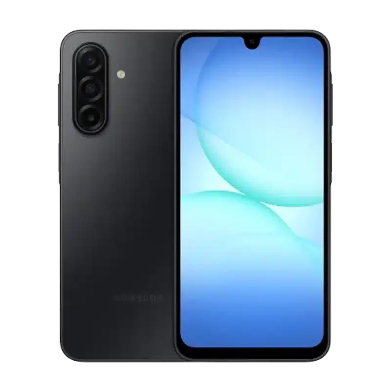 Front and rear side of Samsung Galaxy A17 5G in Black showing screen and camera