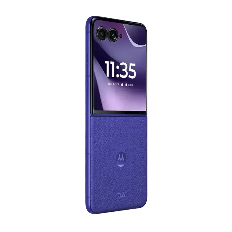 Sideways shot of Motorola Razr 70 Ultra Pantone in Orient Blue