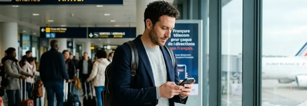Travelling employee uses smartphone with data roaming at the airport