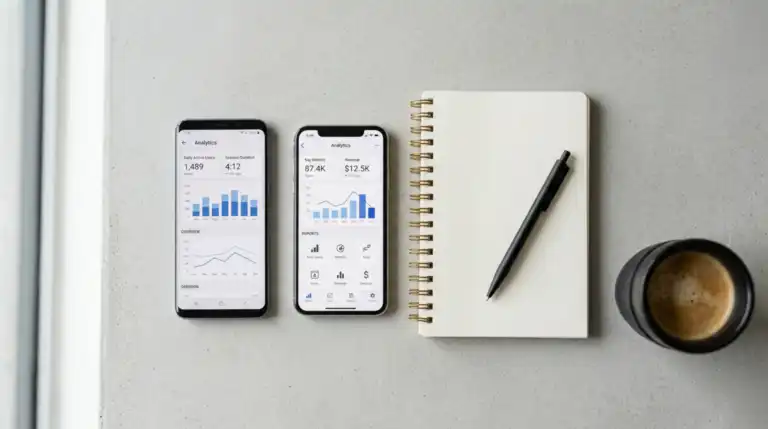 An Android phone and an iPhone displayed side by side, both showing business analytics dashboards - illustrating how different devices can run the same core work applications.