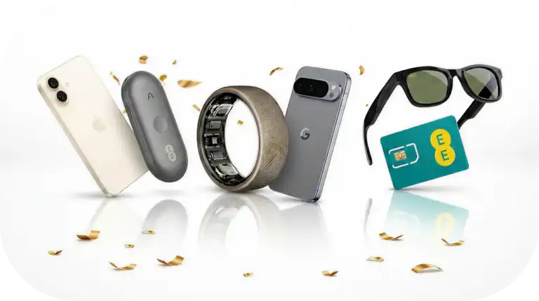 BusinessMobiles.com 27th birthday deals - iPhone, Plaud NotePin, Amazfit Helio Ring, smartphone, EE SIM card and Ray-Ban Meta smart glasses with gold confetti