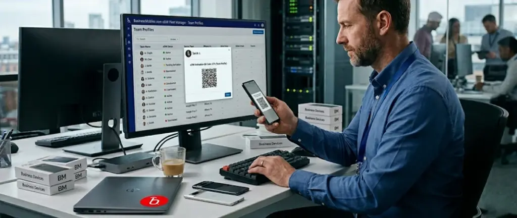 IT manager provisioning a corporate mobile device by scanning an eSIM activation QR code from a fleet management dashboard.