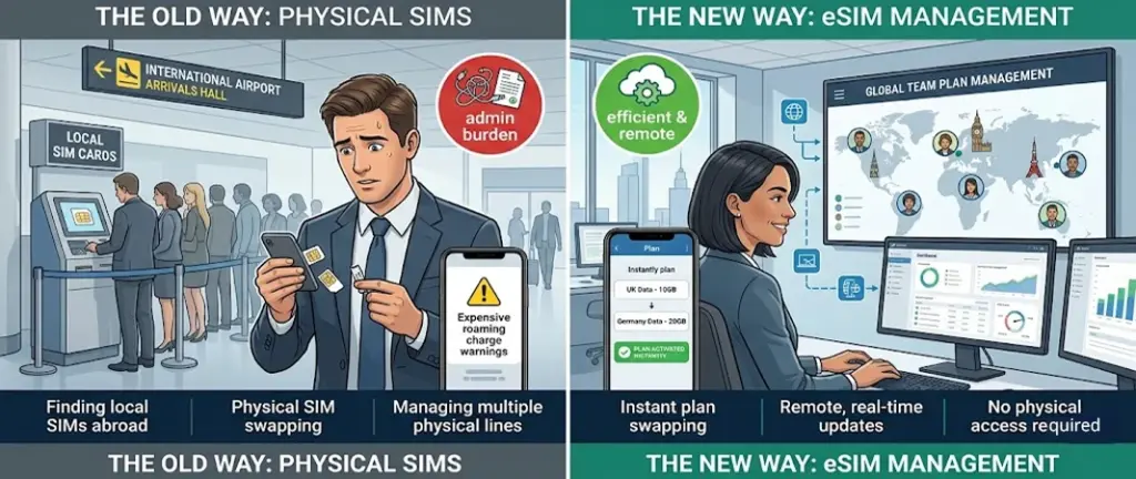 Infographic comparing physical SIM logistics for business travel with efficient, remote eSIM fleet management via a digital dashboard.