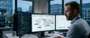Professional IT manager at a multi-monitor workstation using a global SIM fleet management dashboard to monitor active business mobile devices, data limits, and roaming status.