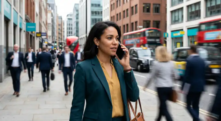 Business professional making a mobile call on a busy UK city street