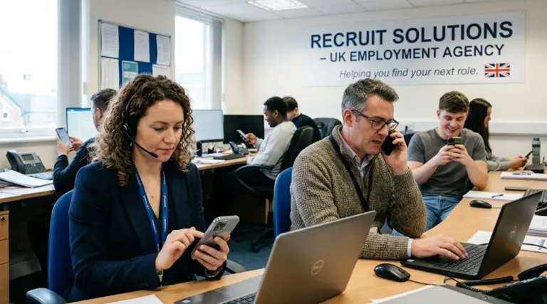 Staff members a UK employment agency, using smartphones and laptops in a professional office environment.