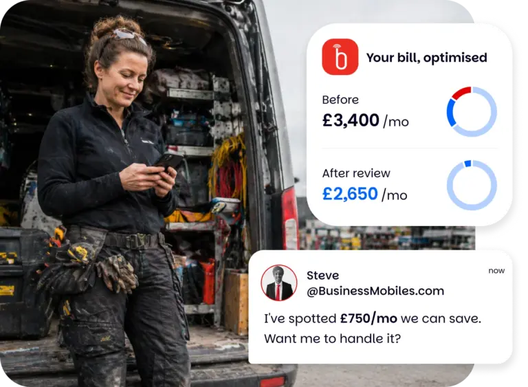 Tradeswoman checking her phone next to a work van, with a bill review graphic showing £750/mo in savings identified by a BusinessMobiles.com account manager.