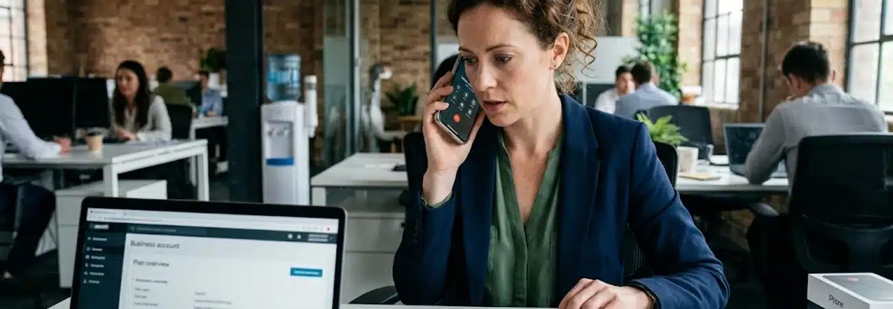 Business professional reviewing mobile plan account settings on a laptop while on an active phone call in a busy office environment.