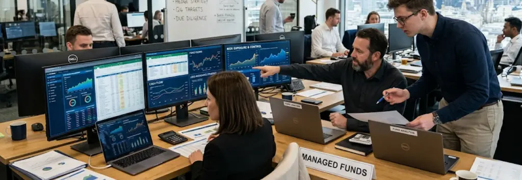 A team of analysts working in a corporate office, reviewing complex data and financial reports, representing the need for reliable business communication tools.