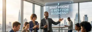 Employees in meeting room discuss "what is the best iPhone for business" whilst using their phones