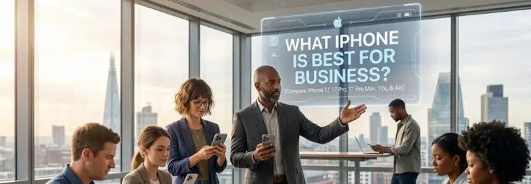 Employees in meeting room discuss "what is the best iPhone for business" whilst using their phones
