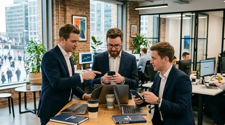 A corporate meeting room setting where professionals review financial services mobile data and SIM-only cost savings on a digital tablet.