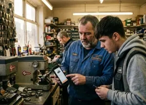 An experienced locksmith showing a young apprentice a smart lock schematic on a smartphone in a workshop filled with key-cutting machines and key blanks.