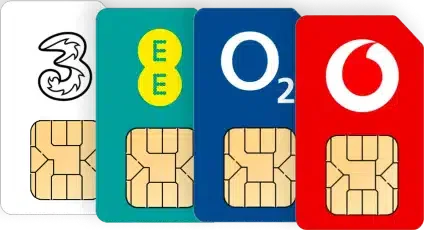 Row of business SIM only cards from Three, EE, O2, and Vodafone