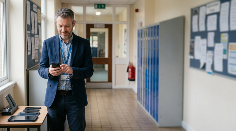 School staff member managing mobile devices in a school corridor, with a fleet of phones and a tablet on a charging dock nearby.