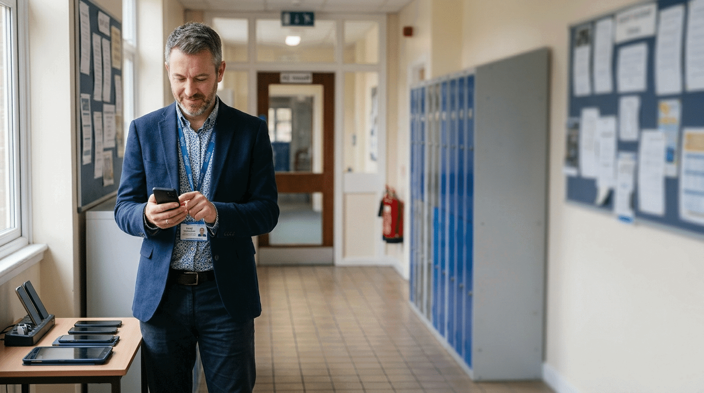 School staff member managing mobile devices in a school corridor, with a fleet of phones and a tablet on a charging dock nearby.