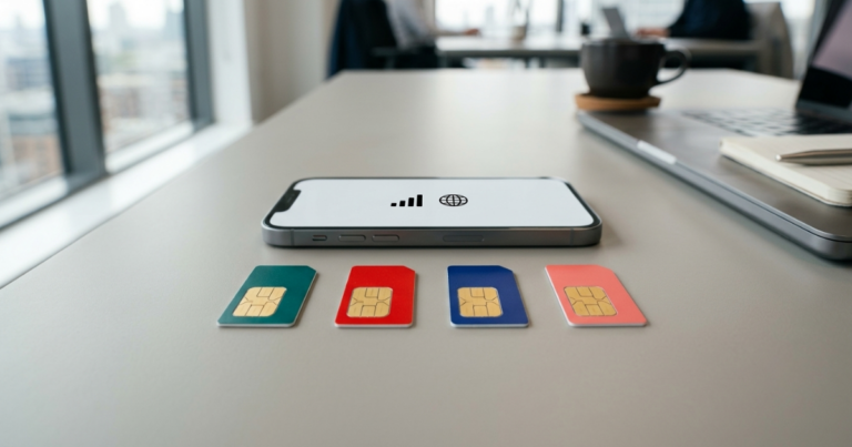 Four business SIM cards in teal, red, blue and coral laid in a row on an office desk, with a smartphone showing signal and globe icons.