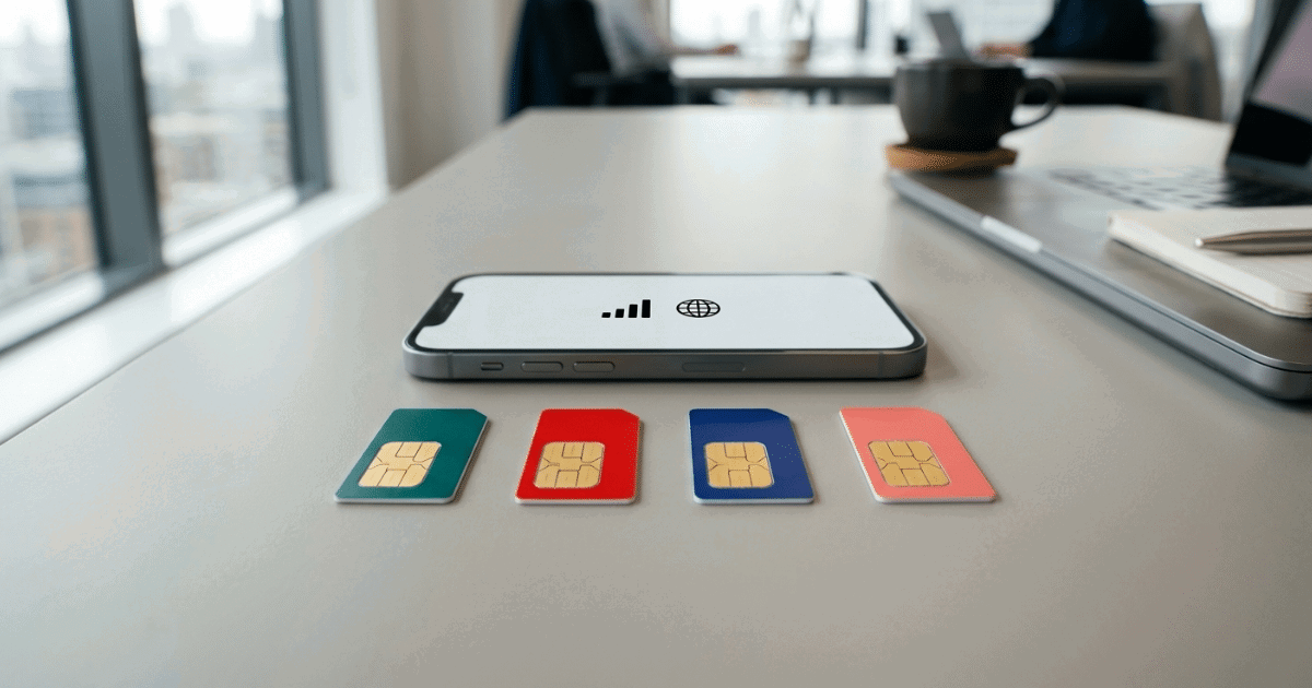 Four business SIM cards in teal, red, blue and coral laid in a row on an office desk, with a smartphone showing signal and globe icons.