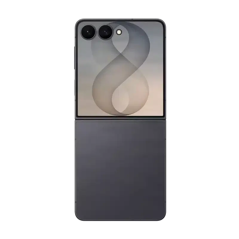 Rear side of Galaxy Z Flip 8 folding mobile phone in graphite grey