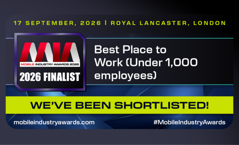 Mobile Industry Awards 2026 Finalist badge — Best Place to Work (Under 1,000 Employees). BusinessMobiles.com has been shortlisted. Ceremony: 17 September 2026, Royal Lancaster, London