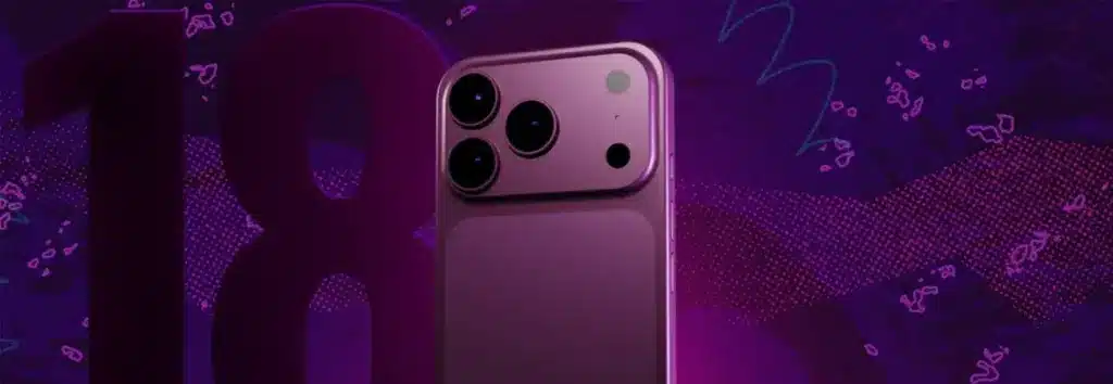 Purple iPhone 18 smartphone concept featured against a dark purple graphic background with a large number 18.