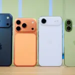 Full lineup of four different coloured iPhone 18 concept models displayed side-by-side on a wooden surface.