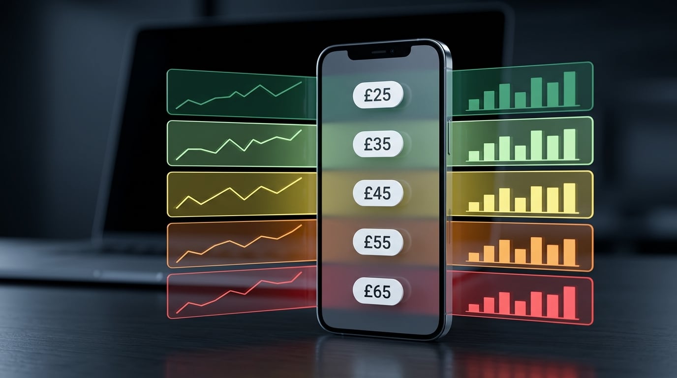Smartphone displaying five colour-coded monthly price bands from £25 to £65 for the Business Mobile Fair Price Index Q4 2026.