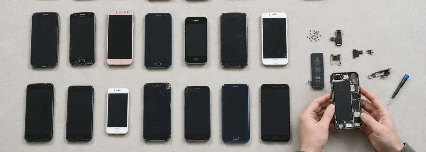 A grid of used smartphones laid out on a pale surface, with hands repairing one device alongside small components and a precision screwdriver.
